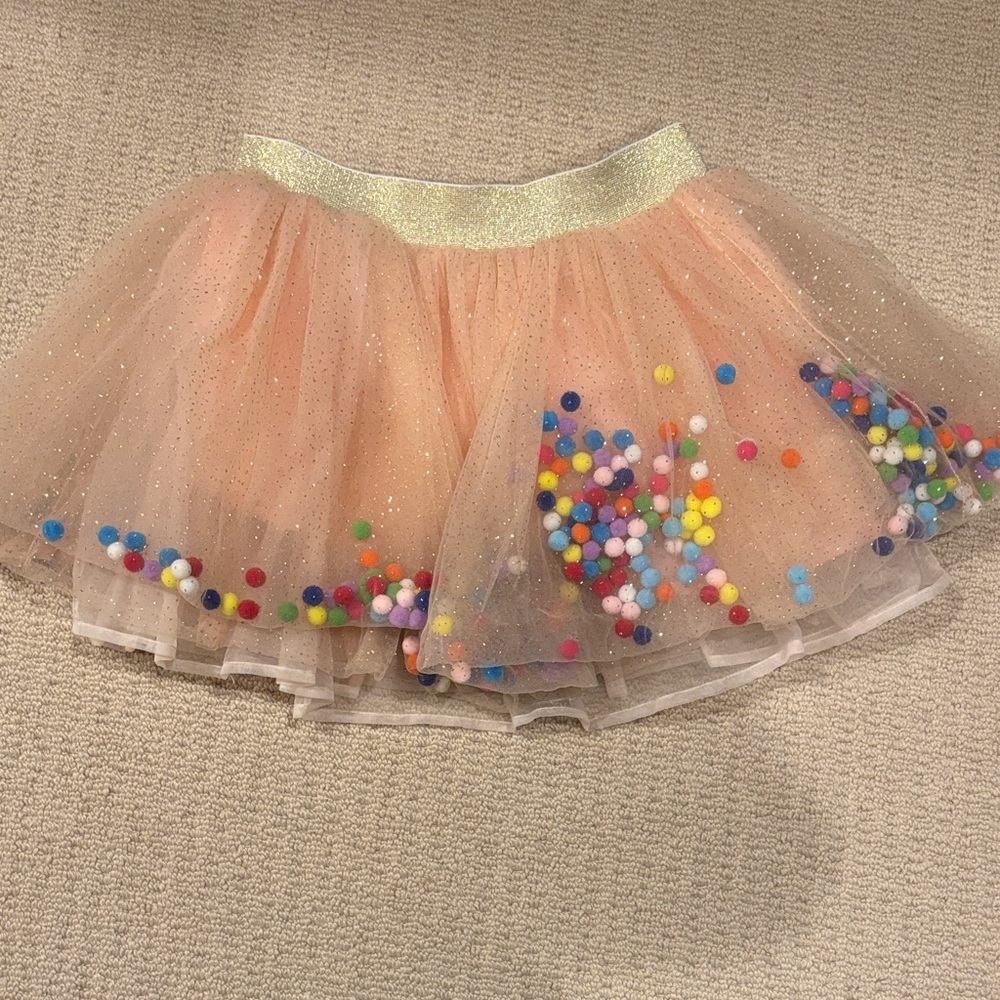 Blush Tulle Skirt with Colorful Pom Poms
